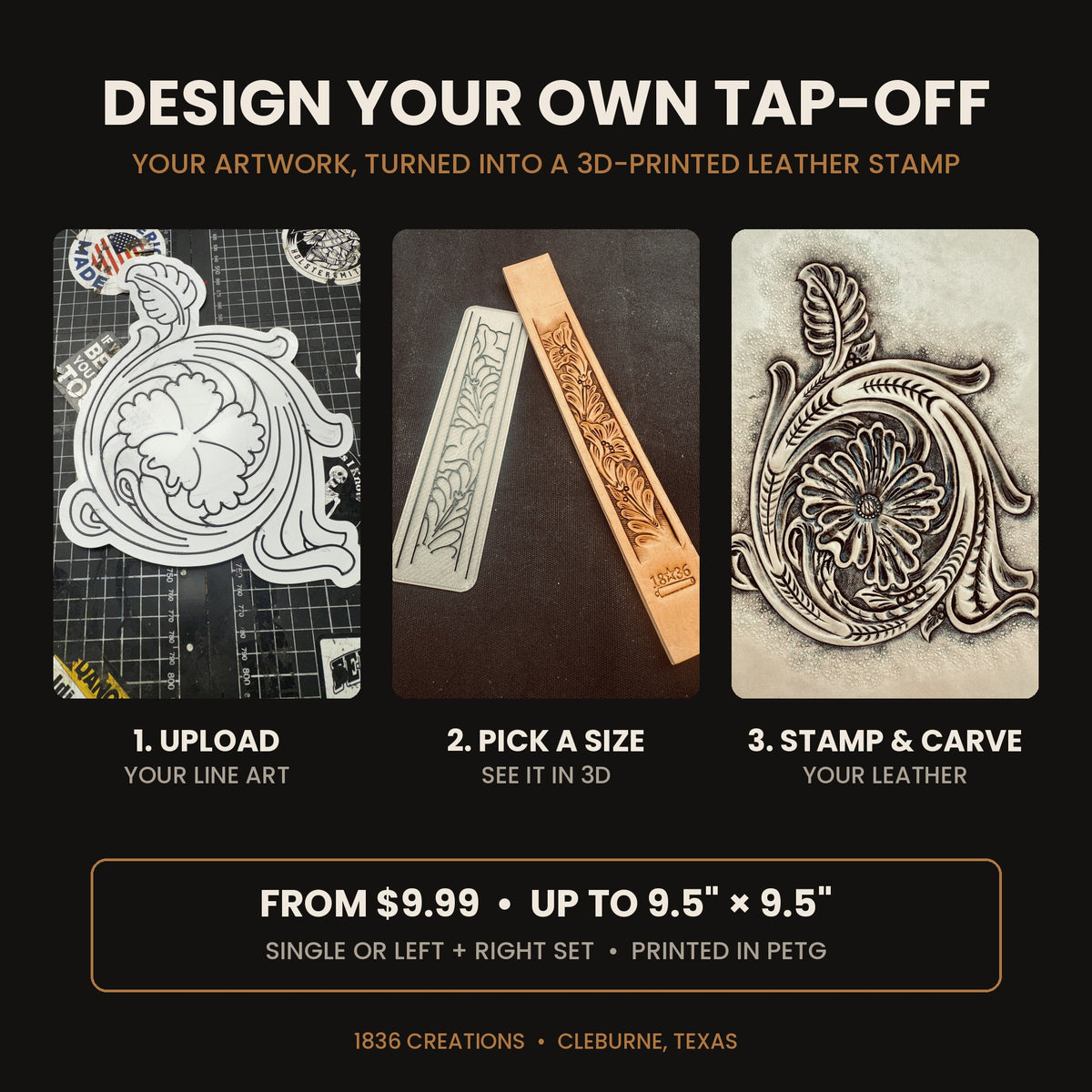 How to design a custom Tap-Off leather stamp: upload line art, pick a size, stamp and carve. From $9.99, up to 9.5 x 9.5 inches