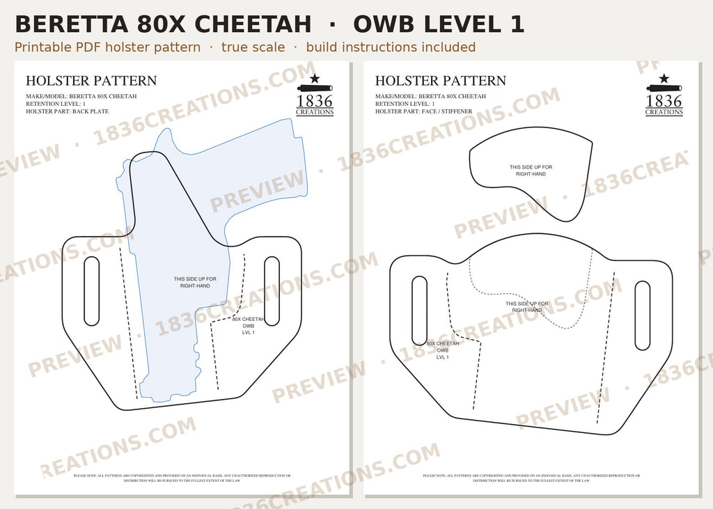 Beretta Cheetah 80X OWB Level 1 holster pattern pieces, watermarked preview