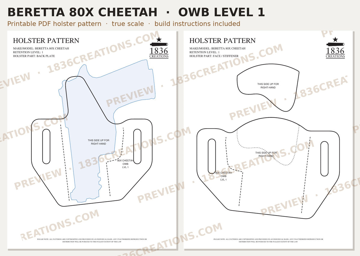 Beretta Cheetah 80X OWB Level 1 holster pattern pieces, watermarked preview