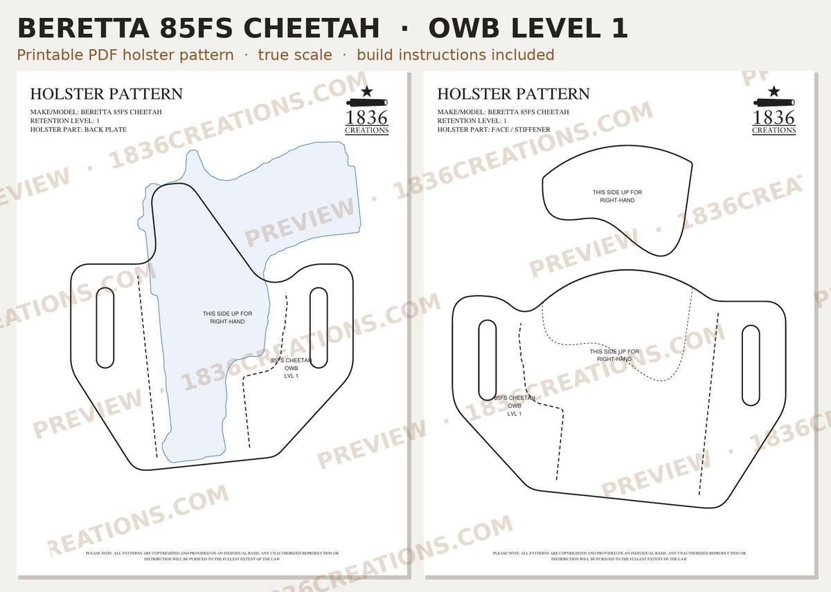 Beretta 85FS Cheetah OWB Level 1 holster pattern pieces, watermarked preview