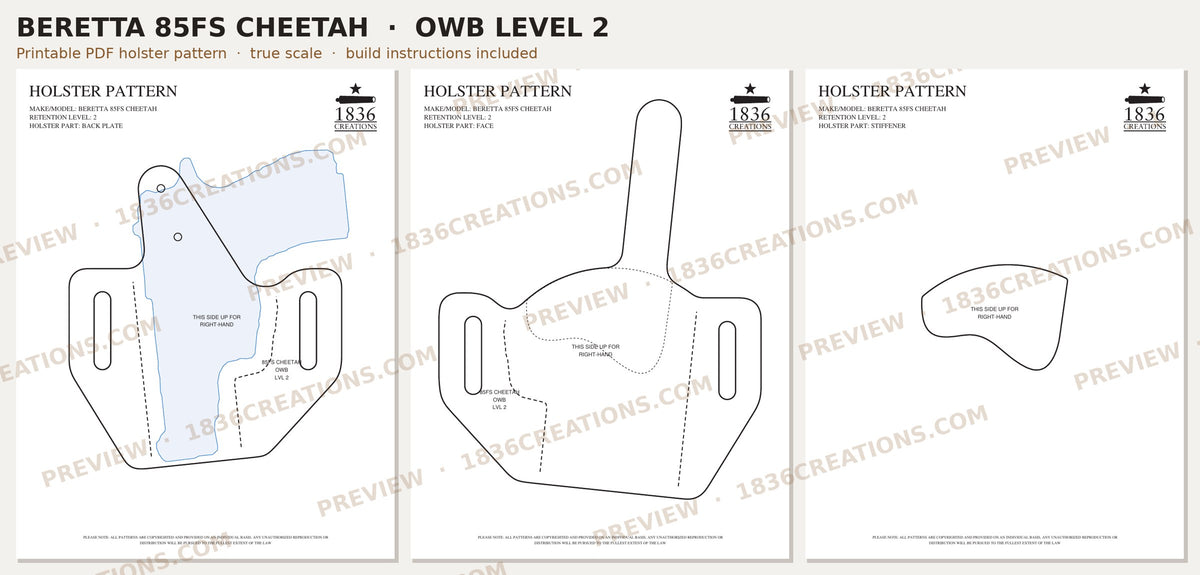 Beretta 85FS Cheetah OWB Level 2 holster pattern pieces, watermarked preview
