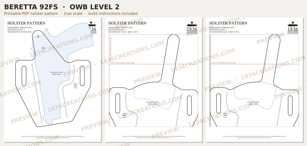 Beretta 92FS OWB Level 2 holster pattern pieces, watermarked preview