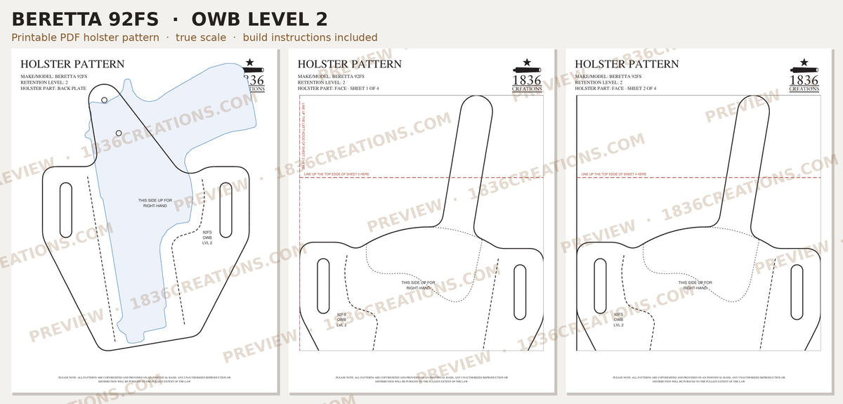 Beretta 92FS OWB Level 2 holster pattern pieces, watermarked preview