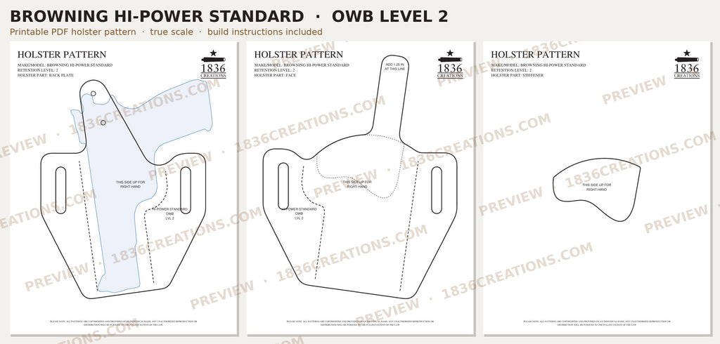 Browning Hi-Power OWB Level 2 holster pattern pieces, watermarked preview