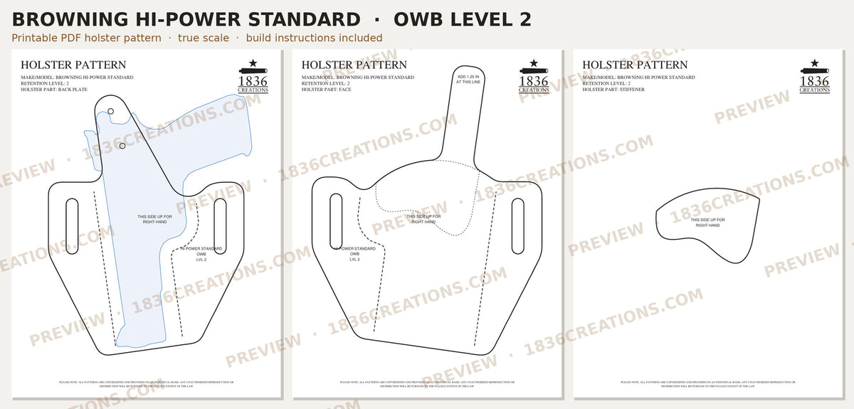Browning Hi-Power OWB Level 2 holster pattern pieces, watermarked preview