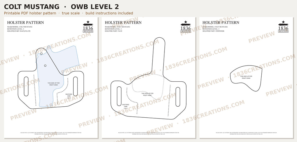 Colt Mustang OWB Level 2 holster pattern pieces, watermarked preview
