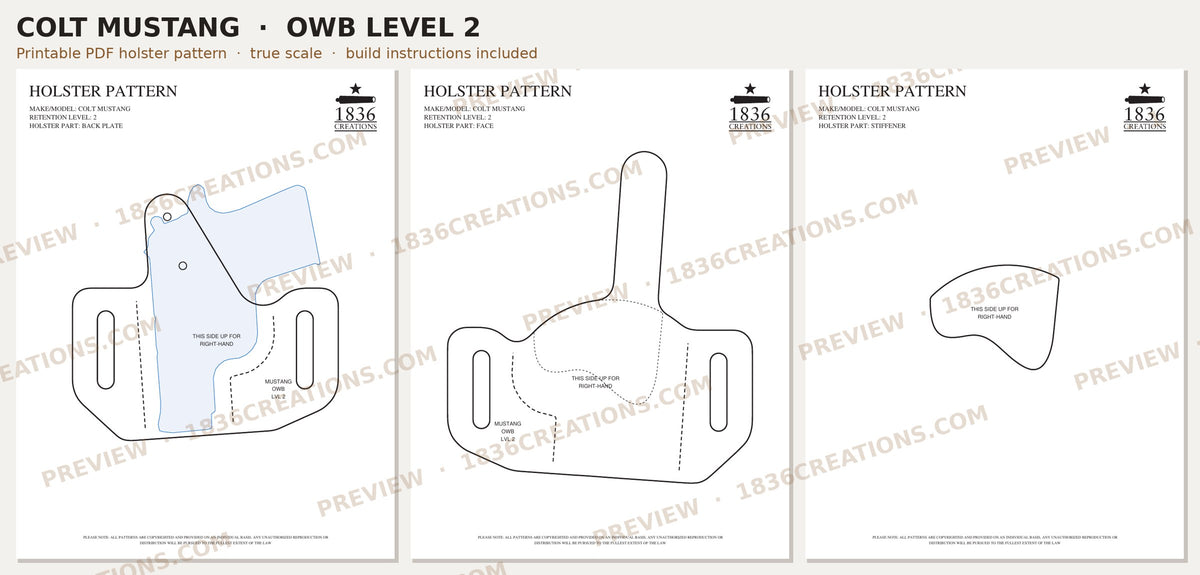 Colt Mustang OWB Level 2 holster pattern pieces, watermarked preview