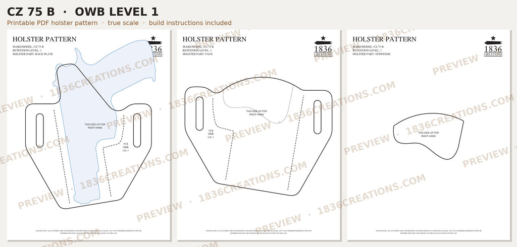 CZ 75 B OWB Level 1 holster pattern pieces, watermarked preview
