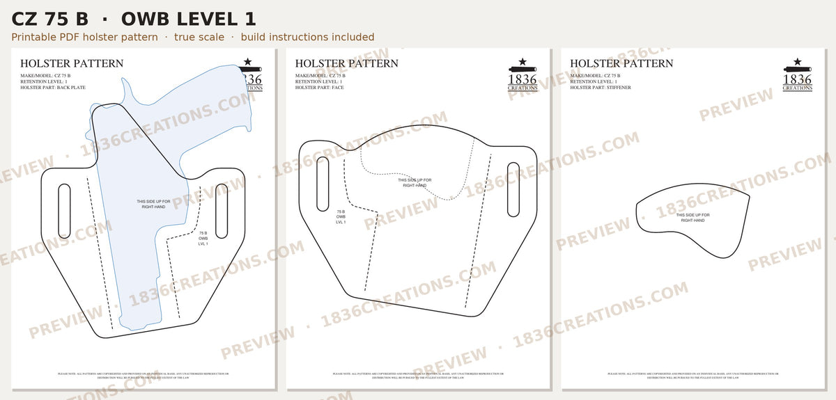 CZ 75 B OWB Level 1 holster pattern pieces, watermarked preview