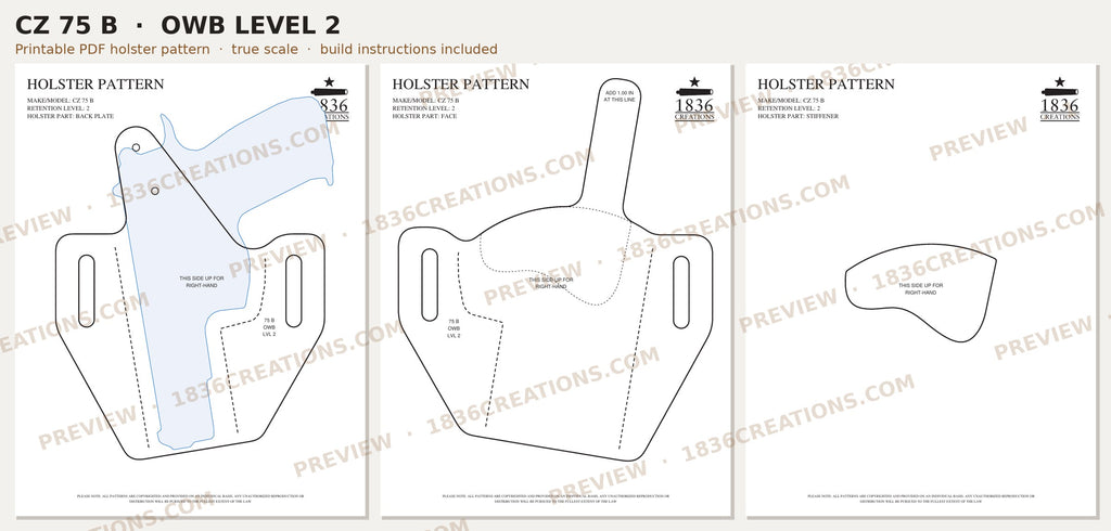 CZ 75 B OWB Level 2 holster pattern pieces, watermarked preview