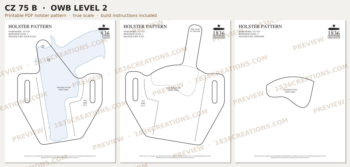 CZ 75 B OWB Level 2 holster pattern pieces, watermarked preview
