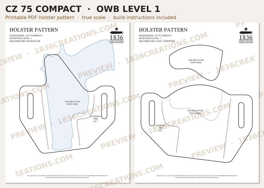 CZ 75 Compact OWB Level 1 holster pattern pieces, watermarked preview