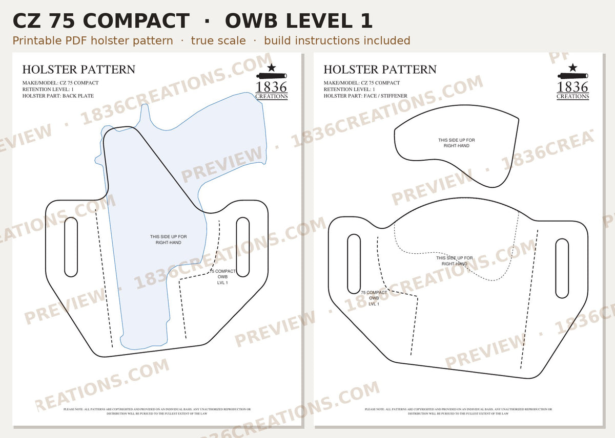 CZ 75 Compact OWB Level 1 holster pattern pieces, watermarked preview