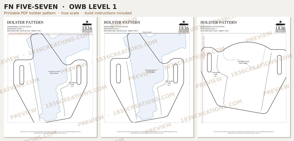 FN Five-seveN OWB Level 1 holster pattern pieces, watermarked preview