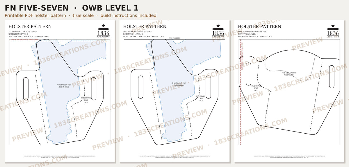 FN Five-seveN OWB Level 1 holster pattern pieces, watermarked preview