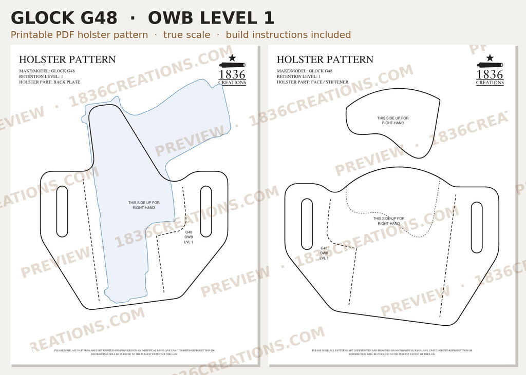 Glock 48 OWB Level 1 holster pattern pieces, watermarked preview