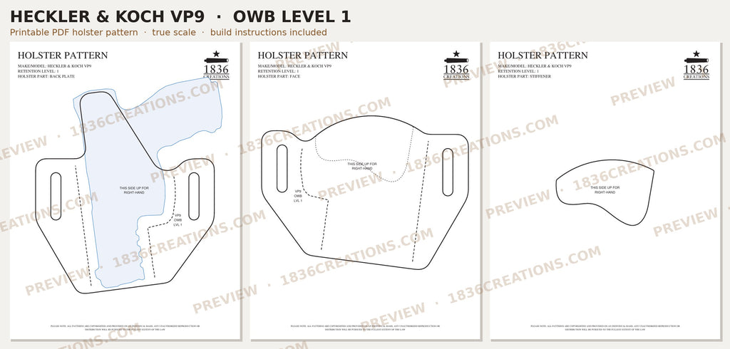 Heckler & Koch VP9 OWB Level 1 holster pattern pieces, watermarked preview