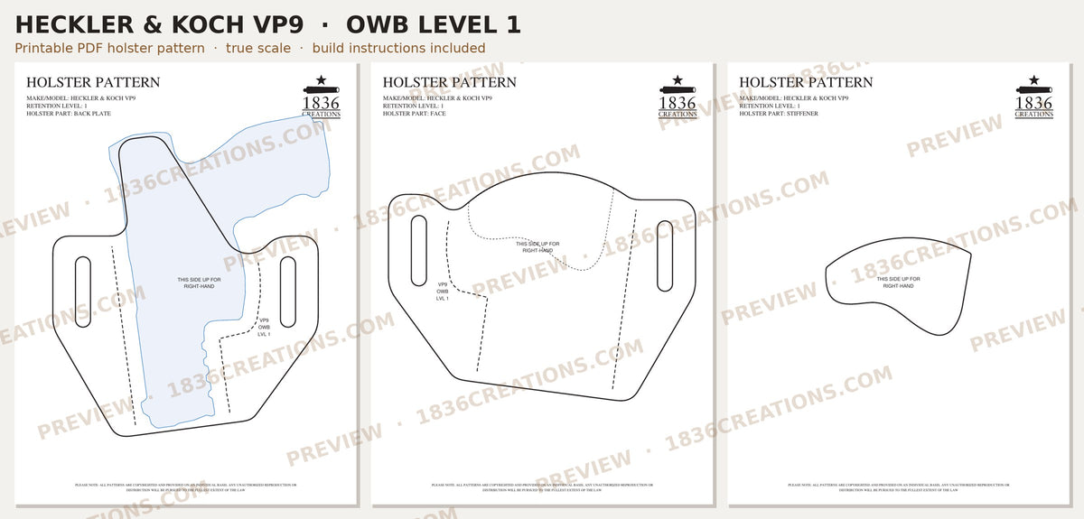 Heckler & Koch VP9 OWB Level 1 holster pattern pieces, watermarked preview