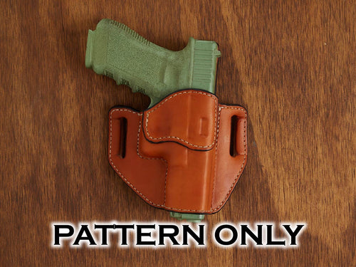 Tan leather OWB Level 1 holster with pistol — sample build, pattern only