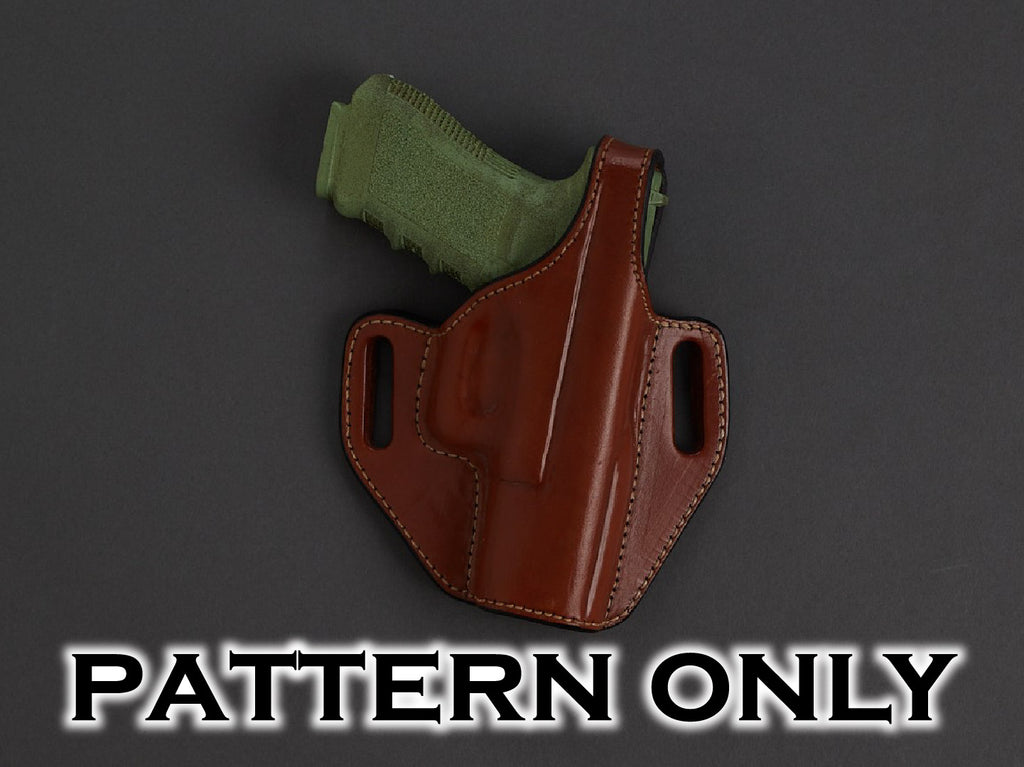 Brown leather OWB Level 2 holster with pistol — sample build, pattern only