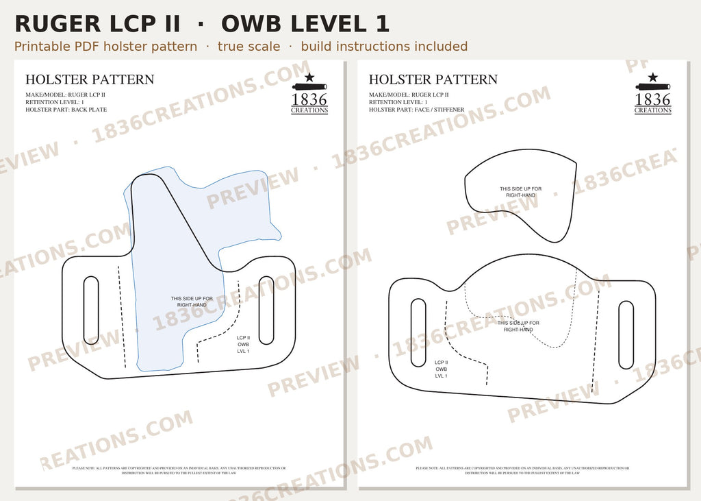 Ruger LCP II OWB Level 1 holster pattern pieces, watermarked preview
