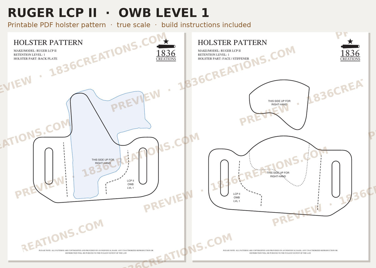 Ruger LCP II OWB Level 1 holster pattern pieces, watermarked preview