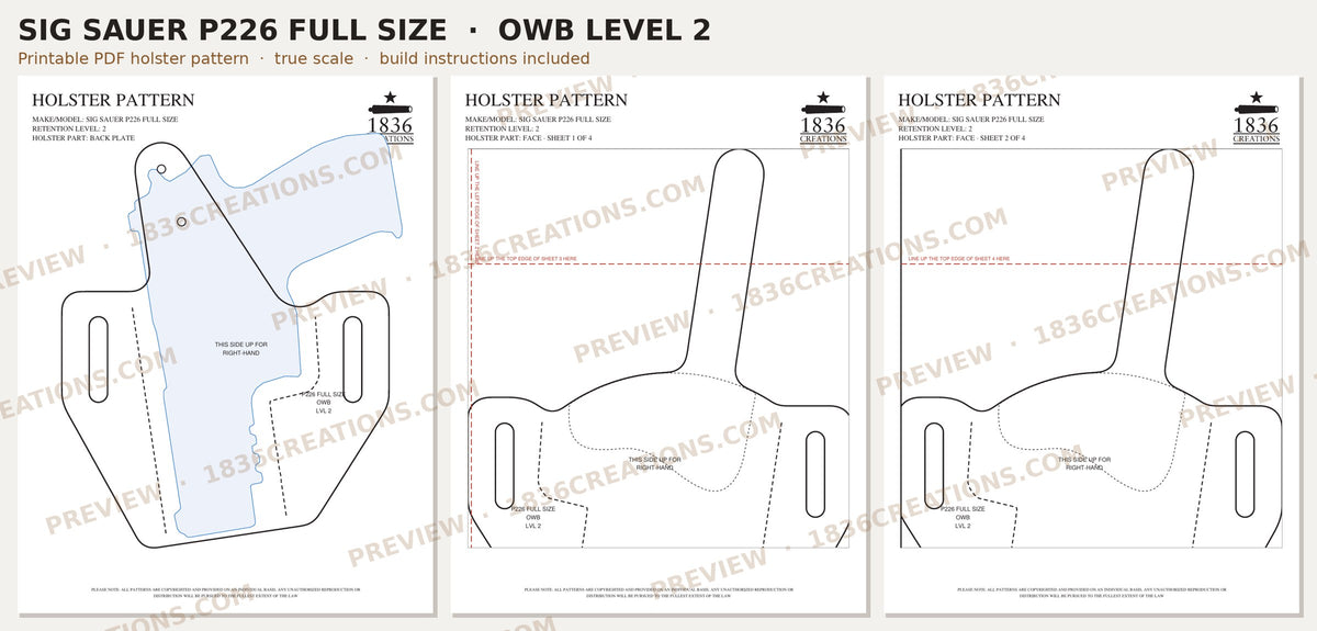 Sig Sauer P226 OWB Level 2 holster pattern pieces, watermarked preview