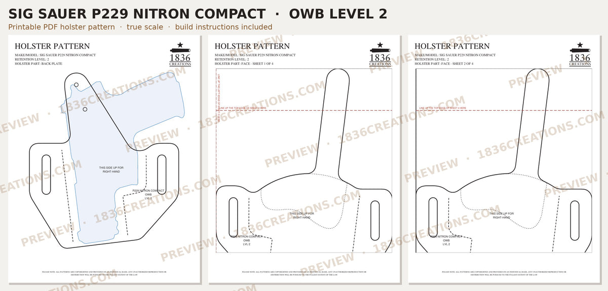 Sig Sauer P229 OWB Level 2 holster pattern pieces, watermarked preview
