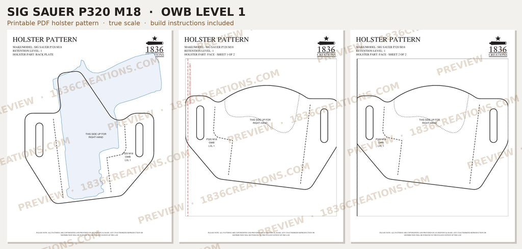 Sig Sauer P320 M18 OWB Level 1 holster pattern pieces, watermarked preview