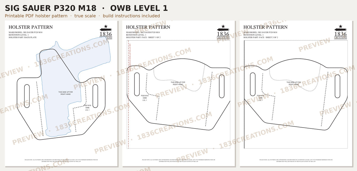 Sig Sauer P320 M18 OWB Level 1 holster pattern pieces, watermarked preview