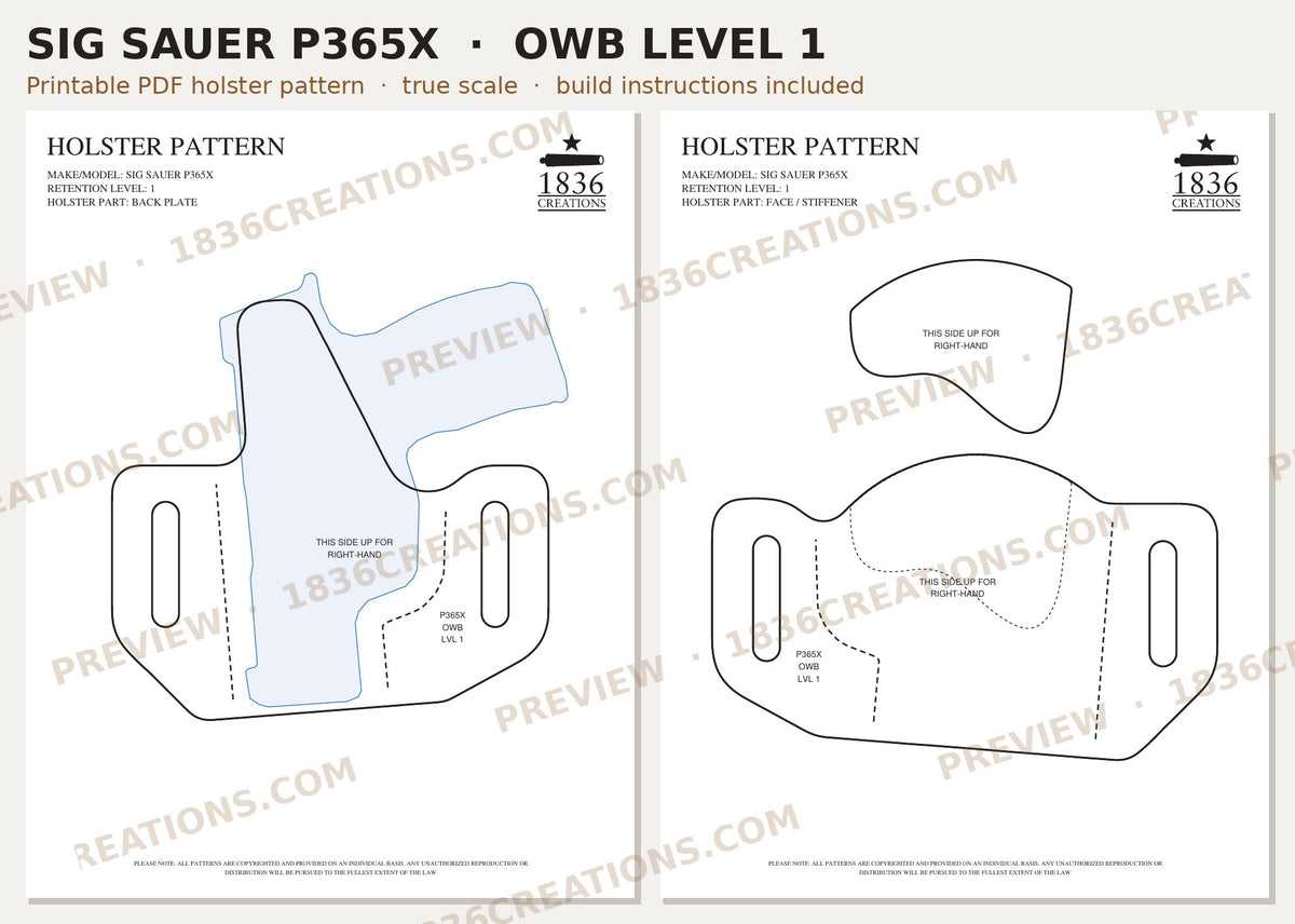 Sig Sauer P365X OWB Level 1 holster pattern pieces, watermarked preview