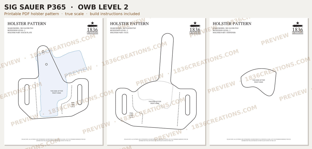 Sig Sauer P365 OWB Level 2 holster pattern pieces, watermarked preview