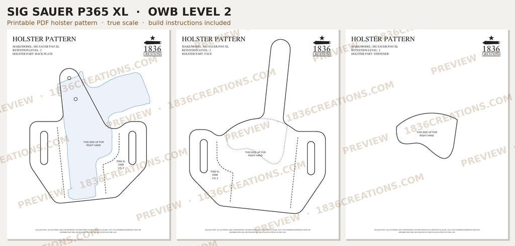 Sig Sauer P365 XL OWB Level 2 holster pattern pieces, watermarked preview