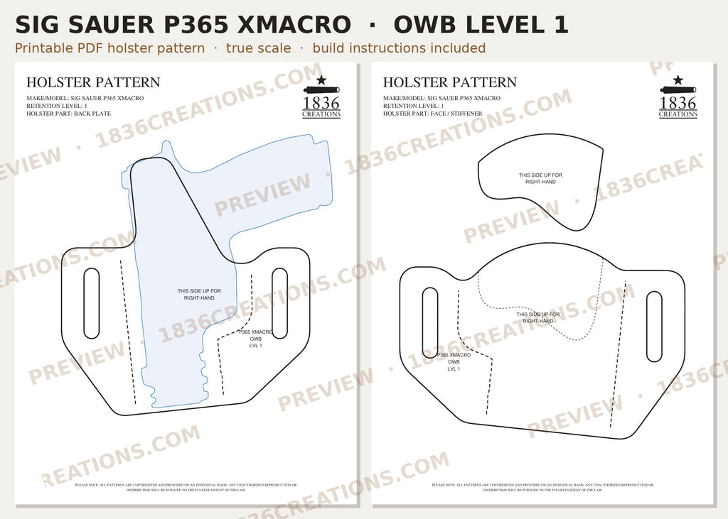 Sig Sauer P365 XMACRO OWB Level 1 holster pattern pieces, watermarked preview