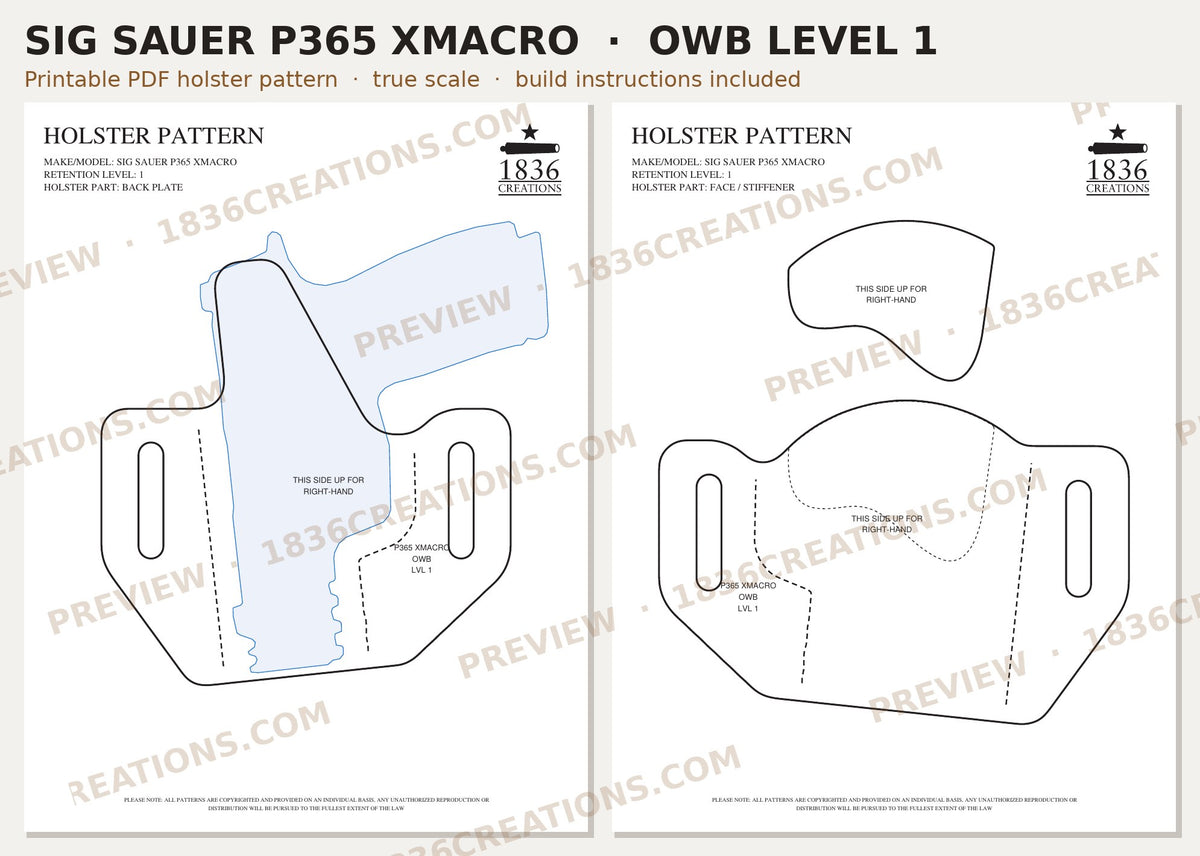 Sig Sauer P365 XMACRO OWB Level 1 holster pattern pieces, watermarked preview