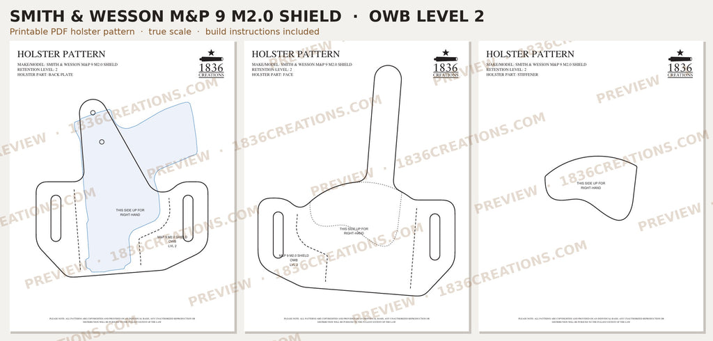 Smith & Wesson M&P 9 M2.0 Shield OWB Level 2 holster pattern pieces, watermarked preview