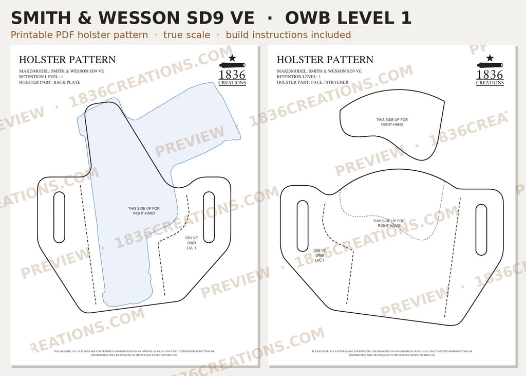 Smith & Wesson SD9 VE OWB Level 1 holster pattern pieces, watermarked preview