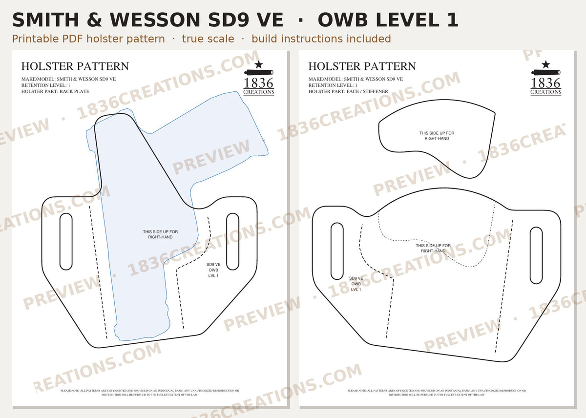 Smith & Wesson SD9 VE OWB Level 1 holster pattern pieces, watermarked preview