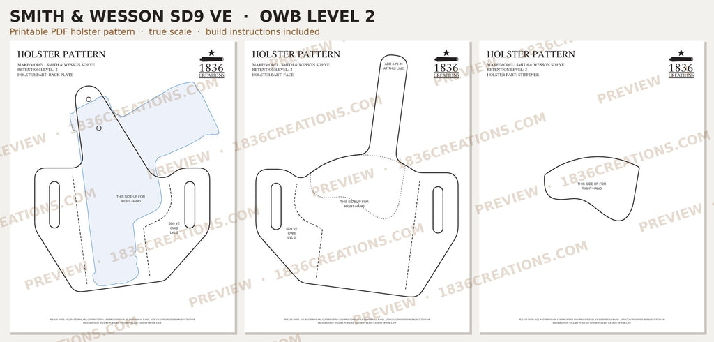 Smith & Wesson SD9 VE OWB Level 2 holster pattern pieces, watermarked preview