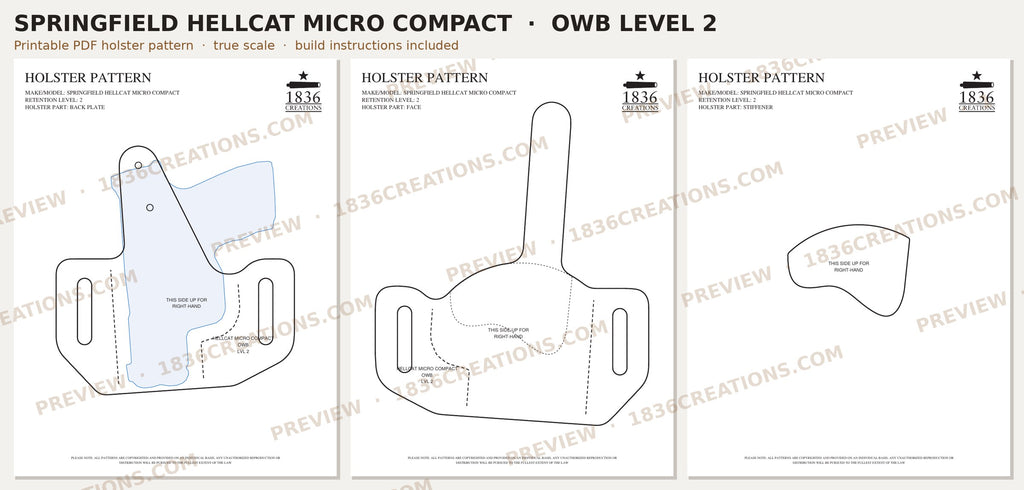 Springfield Hellcat OWB Level 2 holster pattern pieces, watermarked preview
