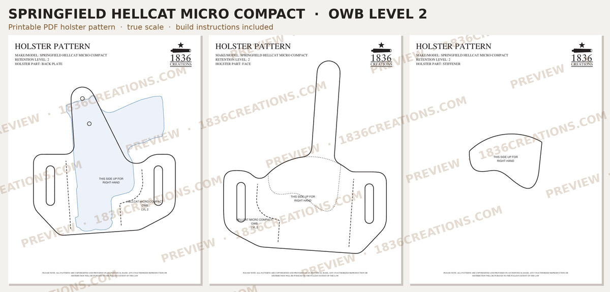Springfield Hellcat OWB Level 2 holster pattern pieces, watermarked preview