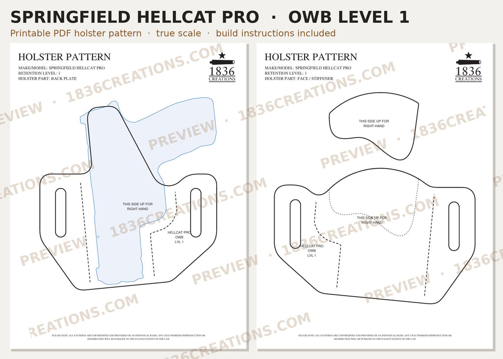 Springfield Hellcat Pro OWB Level 1 holster pattern pieces, watermarked preview