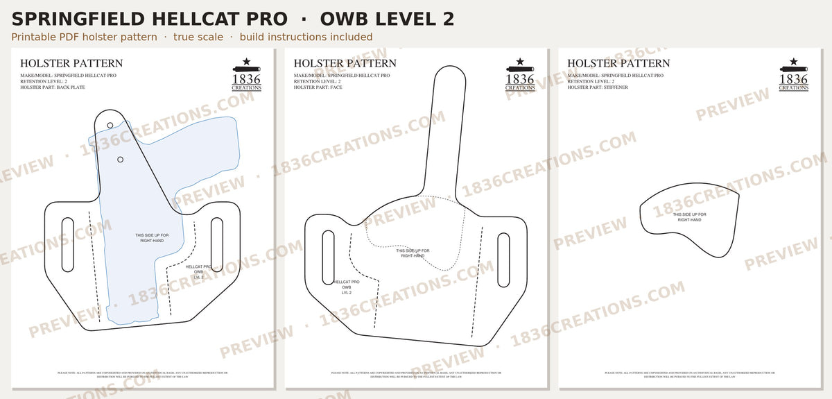Springfield Hellcat Pro OWB Level 2 holster pattern pieces, watermarked preview