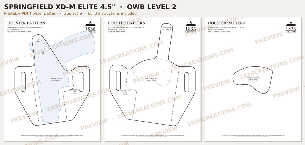 Springfield XD-M Elite 4.5" OWB Level 2 holster pattern pieces, watermarked preview