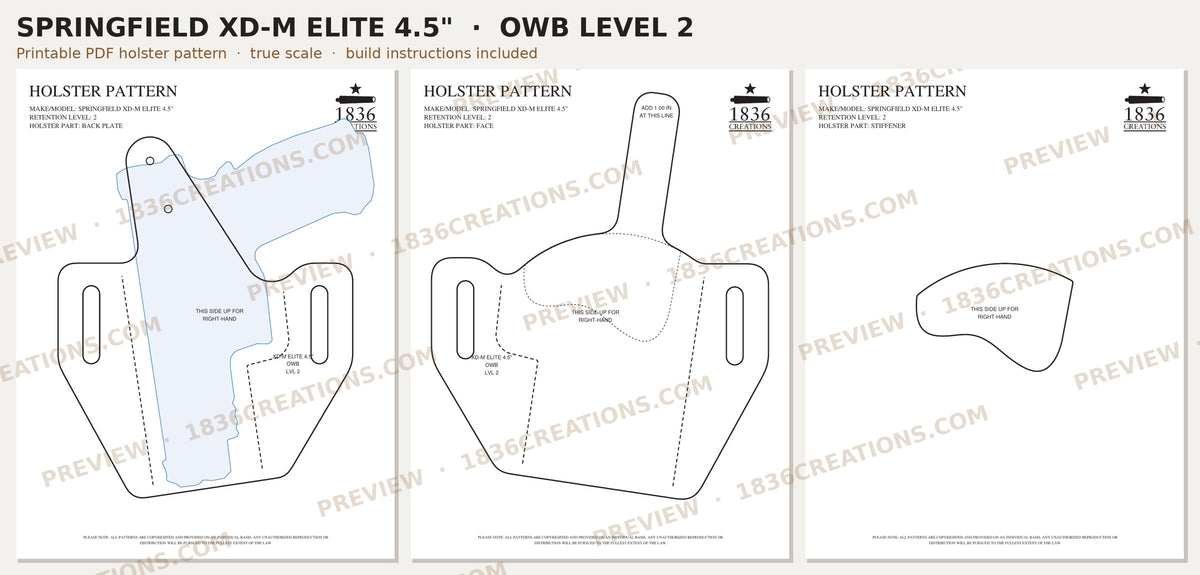 Springfield XD-M Elite 4.5" OWB Level 2 holster pattern pieces, watermarked preview