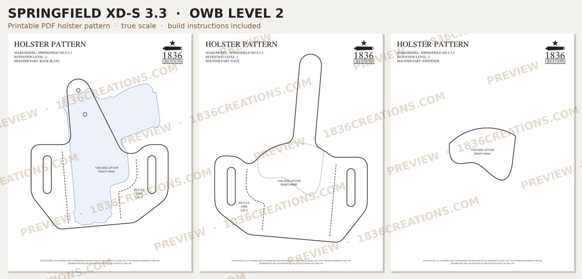 Springfield XD-S 3.3" OWB Level 2 holster pattern pieces, watermarked preview