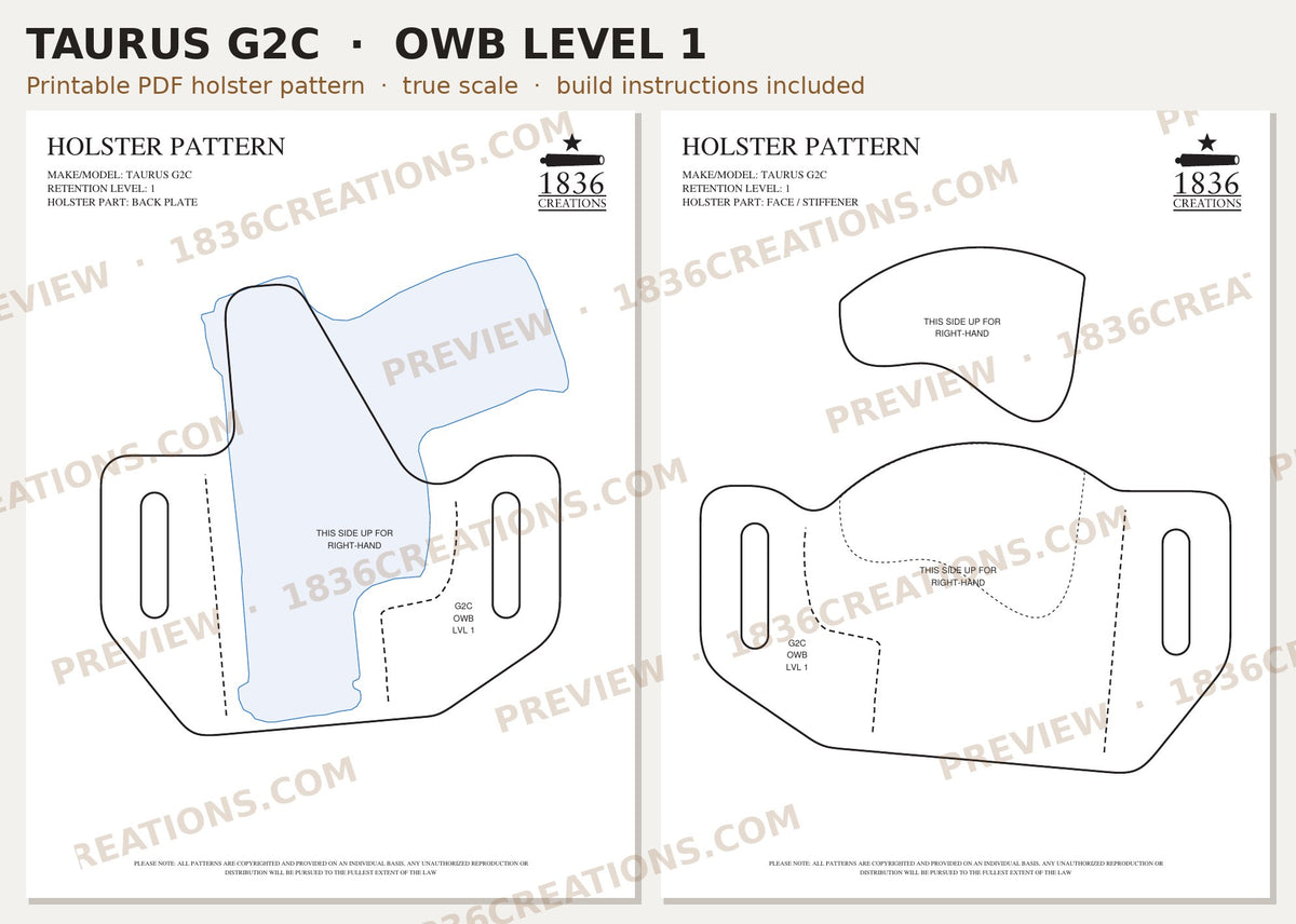 Taurus G2C OWB Level 1 holster pattern pieces, watermarked preview