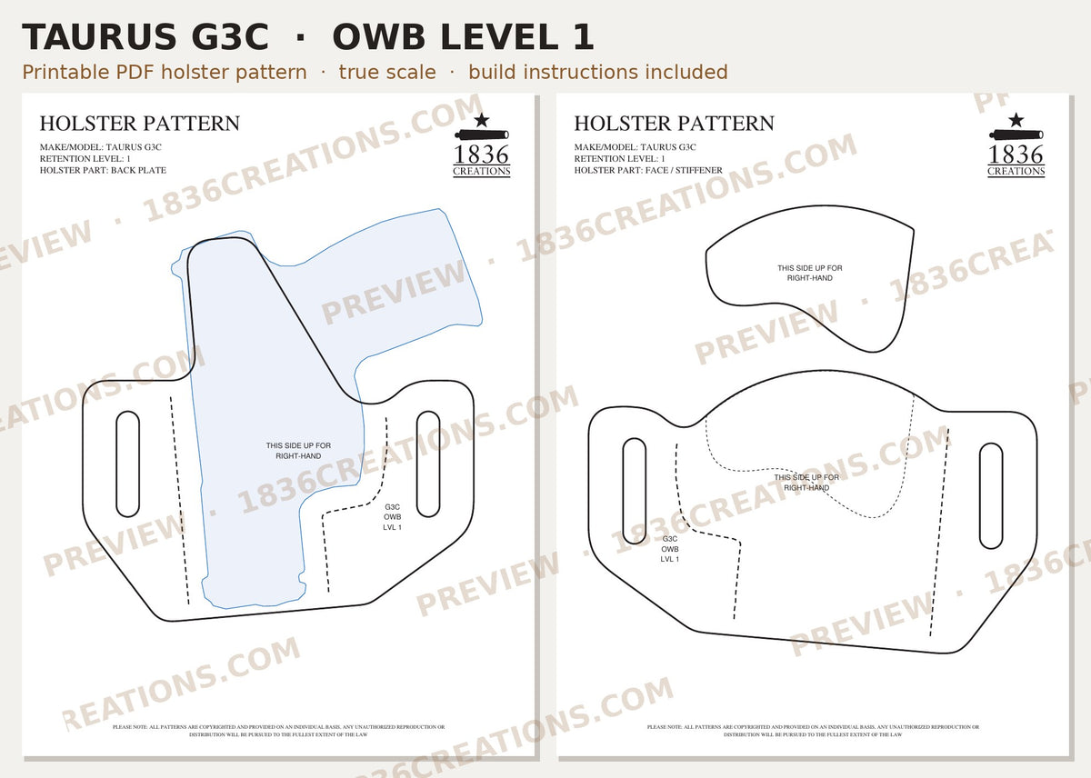 Taurus G3C OWB Level 1 holster pattern pieces, watermarked preview