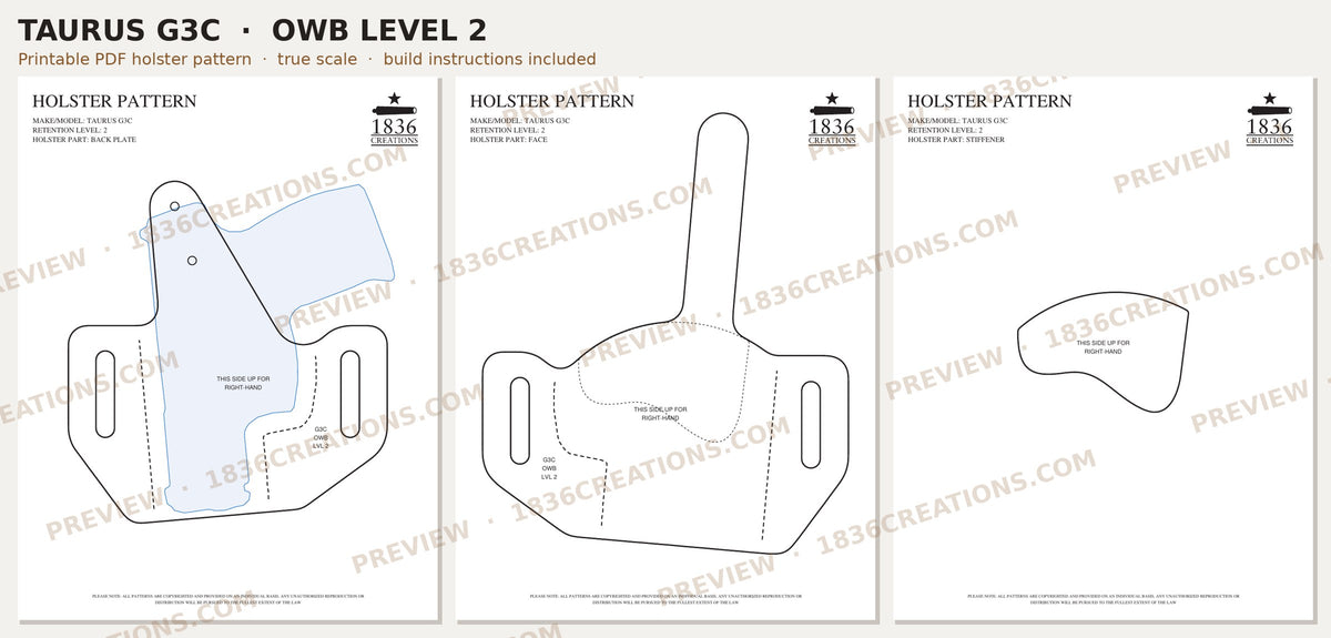 Taurus G3C OWB Level 2 holster pattern pieces, watermarked preview