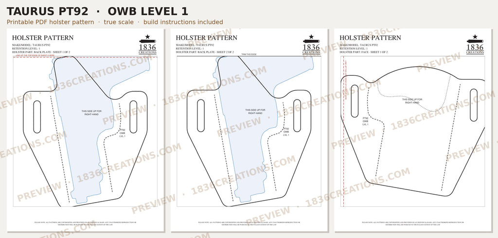 Taurus PT92 OWB Level 1 holster pattern pieces, watermarked preview